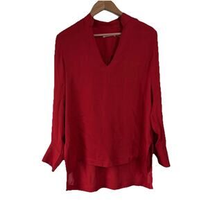 Alice & Olivia Red Silk Blouse M Long Sleeve Hi Low Hem Old Money Holiday Party